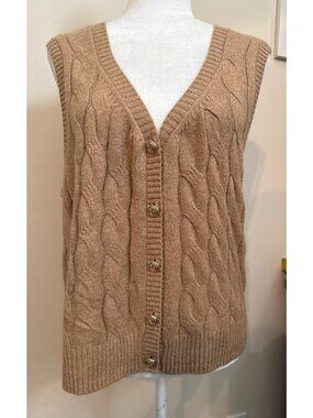 Talbots Woman's Beige Cable Knit V-Neck Sweater Vest Gold Buttons Size XL NEW